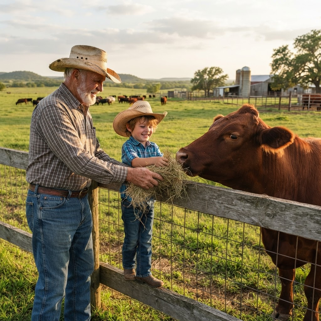 An older rancher and a young boy feeding a cow on a Texas ranch