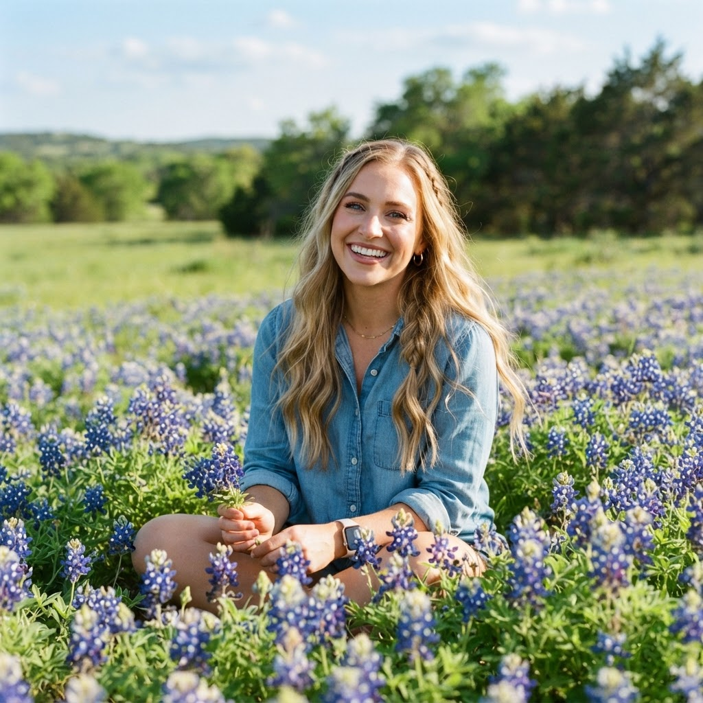A smiling woman sitting in a field of Texas bluebonnets