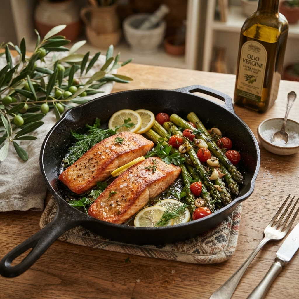 Seared salmon with asparagus and lemon in a cast iron skillet, cooked with Brazos Bend oil blend